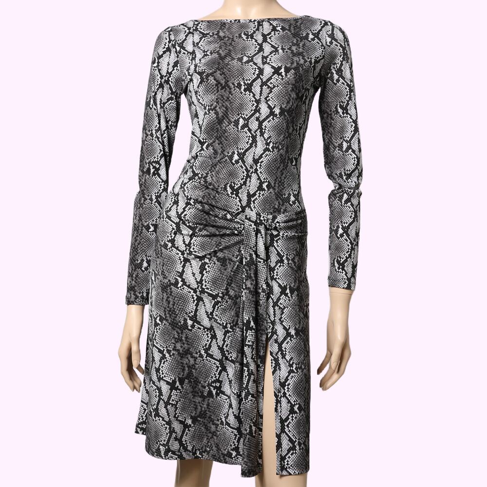 MICHAEL KORS Black Gray Snakeskin Print Long Sleeve Ruched Dress